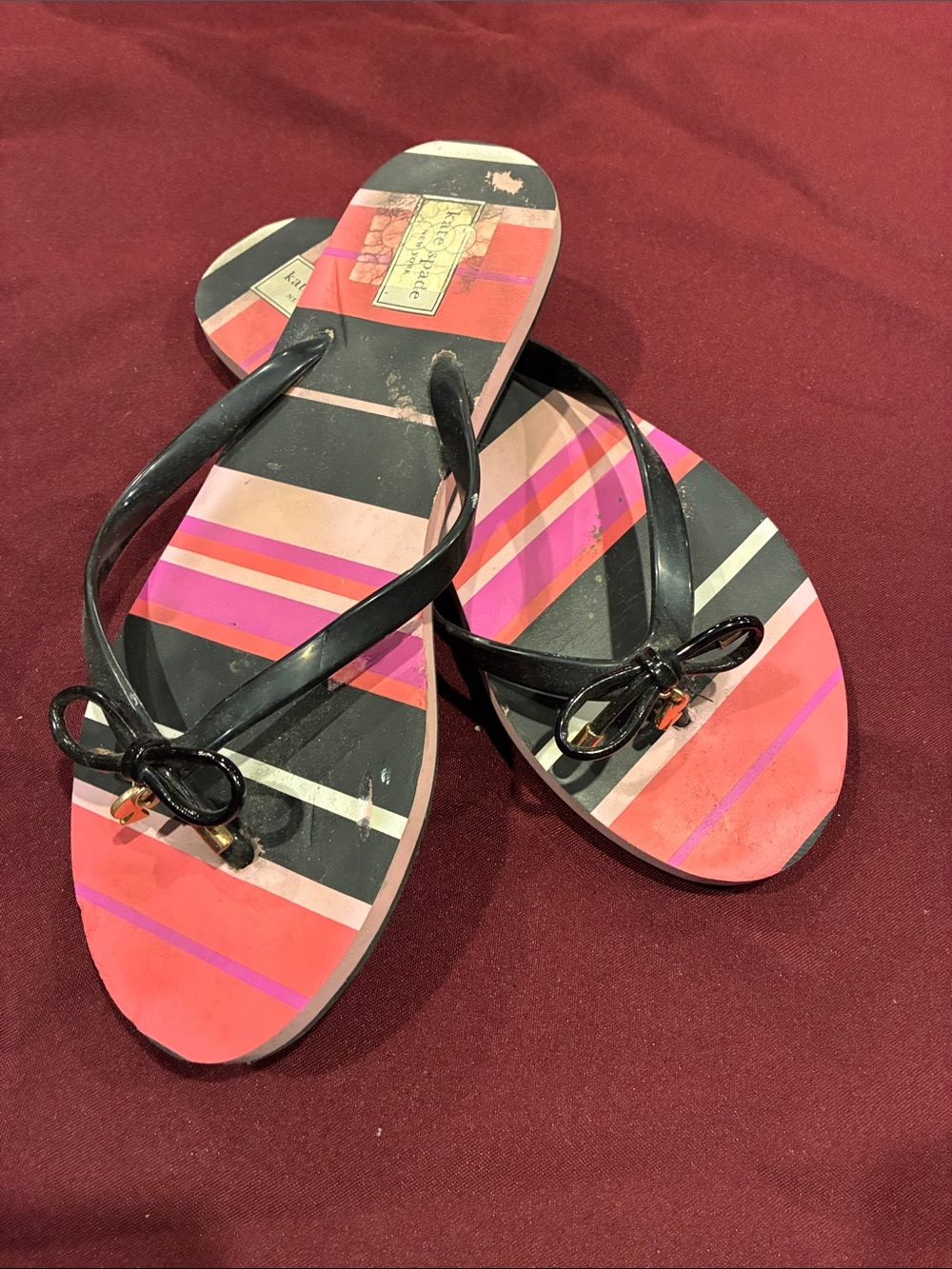 kate spade Black Strappy Flip-Flops with Pink and Coral Stripes